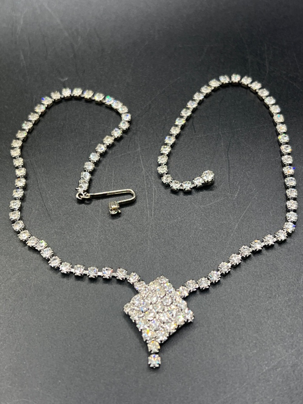 Vintage Clear Crystal Necklace silver tone, 32